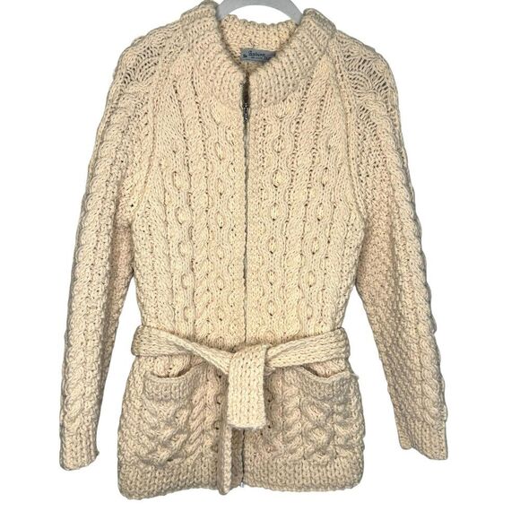 Andion Hand Knits Sweaters - Andion Vintage Hand Knit Cardigan Irish Sweater Womens Small Aran Wool Belt Zip